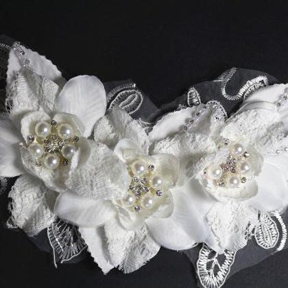 Lace Faux Pearl Bridal Wedding Rhinestone Flower..