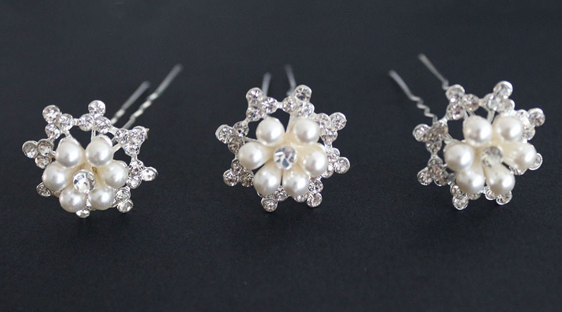 6 Pcs 3d Silver Big Snowflake Pearl Crystal Wedding Bridal Prom Hair Bobby Pin