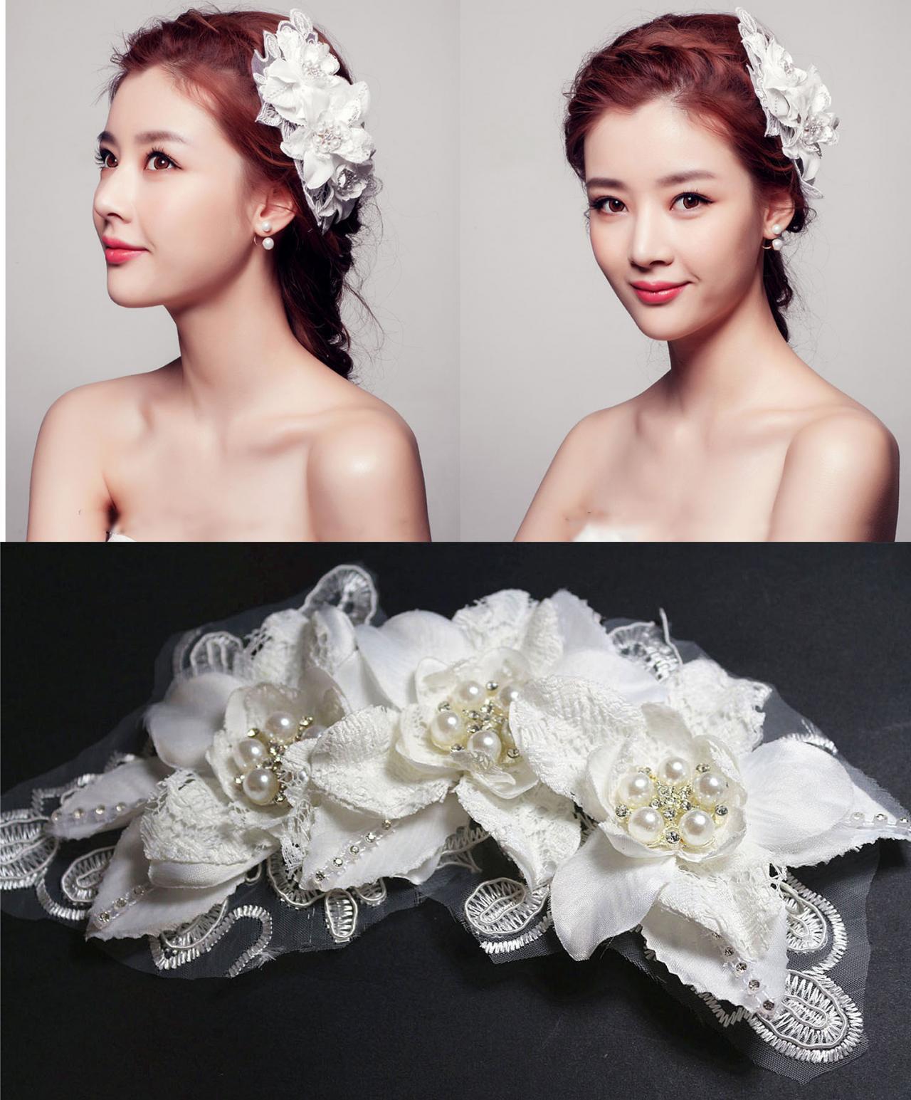 Lace Faux Pearl Bridal Wedding Rhinestone Flower Wire Hair Tiara White Headpiece