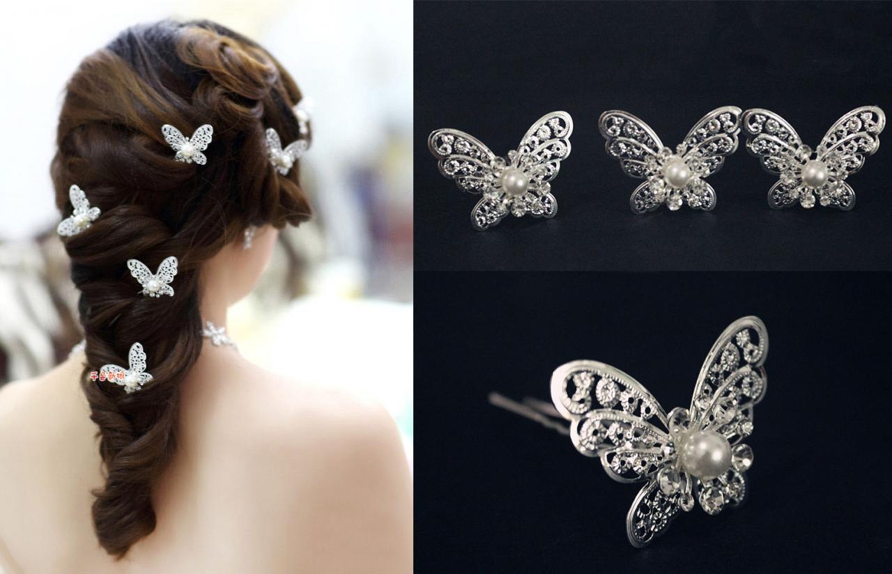Wedding Jewelry 6 Pcs Silver Big Butterfly Wedding Bridal Bride Prom Hair Bobby Pin